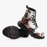 PU Leather Chunky Boots Black and Red Flowers with Pearls