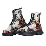 PU Leather Chunky Boots Black and Red Flowers with Pearls