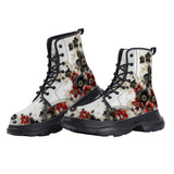 PU Leather Chunky Boots Black and Red Flowers with Pearls