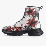 PU Leather Chunky Boots Red and Black Lily Flowers
