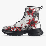 PU Leather Chunky Boots Red and Black Lily Flowers