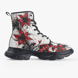 PU Leather Chunky Boots Red and Black Lily Flowers