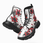 PU Leather Chunky Boots Red and Black Lily Flowers