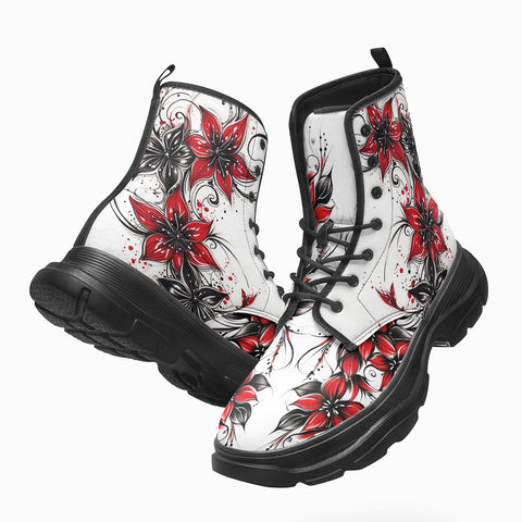 PU Leather Chunky Boots Red and Black Lily Flowers