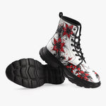 PU Leather Chunky Boots Red and Black Lily Flowers