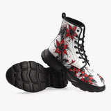 PU Leather Chunky Boots Red and Black Lily Flowers