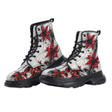 PU Leather Chunky Boots Red and Black Lily Flowers