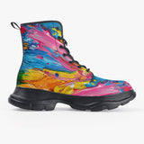 PU Leather Chunky Boots Colorful Paint Splashes