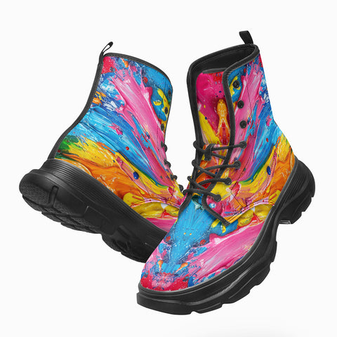 PU Leather Chunky Boots Colorful Paint Splashes