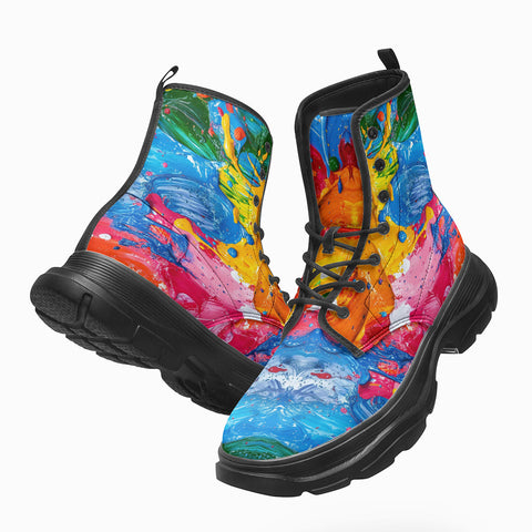 PU Leather Chunky Boots Colorful Paint Splashes