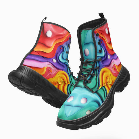 PU Leather Chunky Boots Colorful Waves