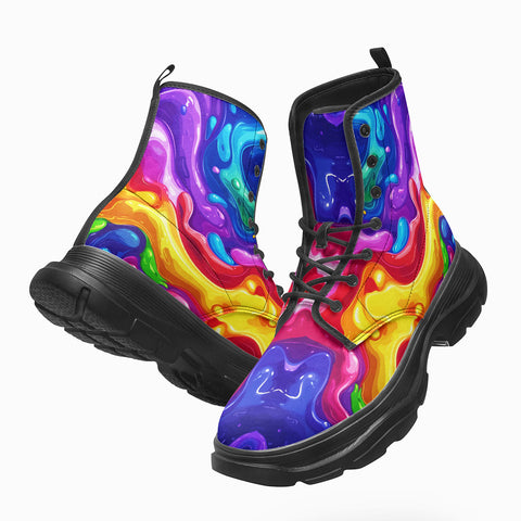 PU Leather Chunky Boots Colorful Liquid Paint