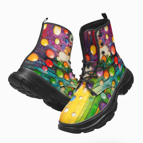PU Leather Chunky Boots Oil Painting Colored Bubbles Dripping