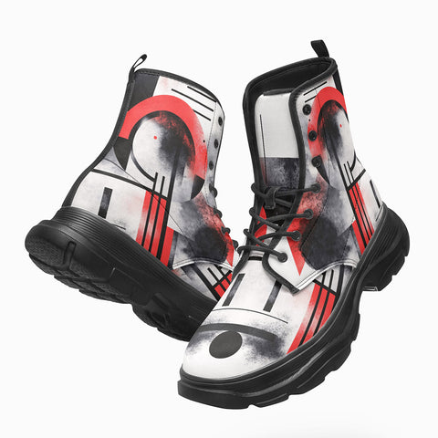 PU Leather Chunky Boots Abstract Composition with Geometric Shapes