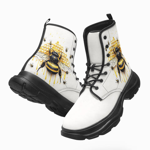 PU Leather Chunky Boots Bee with Honeycomb