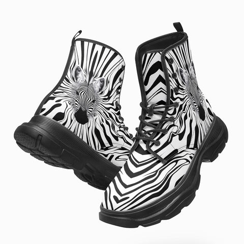 PU Leather Chunky Boots Optical Illusion Zebra Pattern