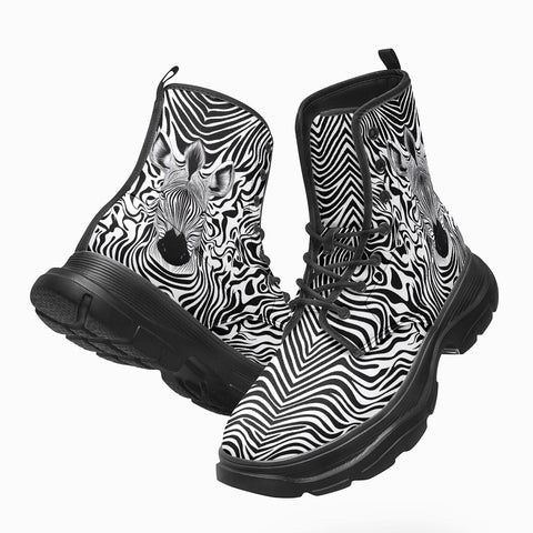 PU Leather Chunky Boots Black and White Zebra Art