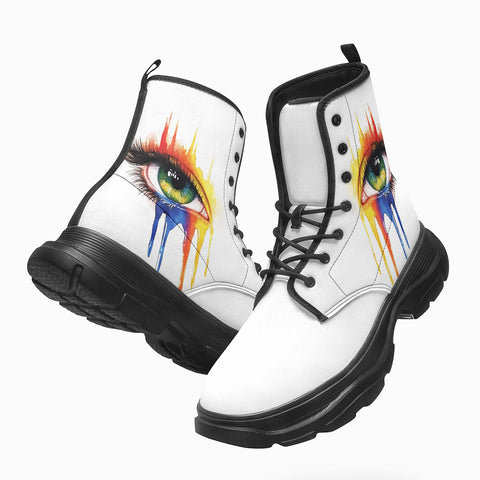 PU Leather Chunky Boots Watercolor Eye with Paint Dripping