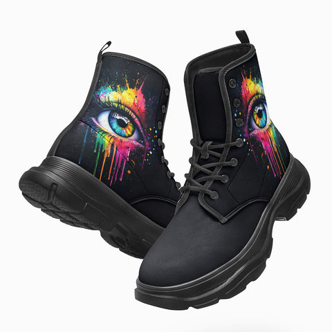 PU Leather Chunky Boots Colorful Eye with Rainbow Paint Dripping