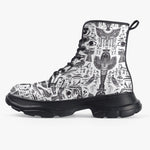 PU Leather Chunky Boots Ancient Egyptian Symbols and Elements
