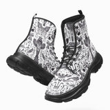 PU Leather Chunky Boots Ancient Egyptian Symbols and Elements