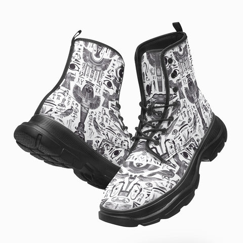 PU Leather Chunky Boots Ancient Egyptian Symbols and Elements