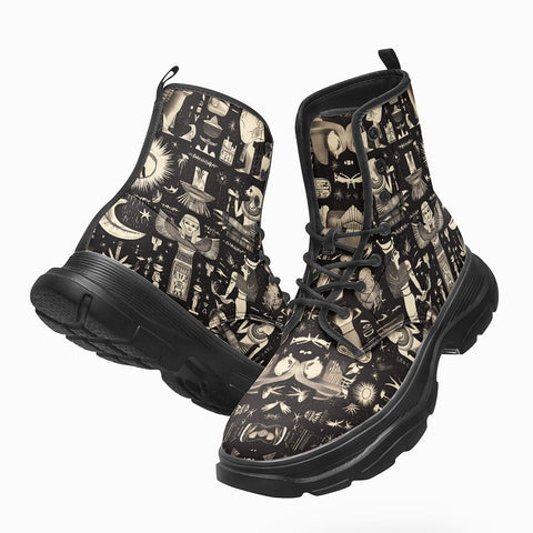 PU Leather Chunky Boots Egyptian Symbols and Artifacts