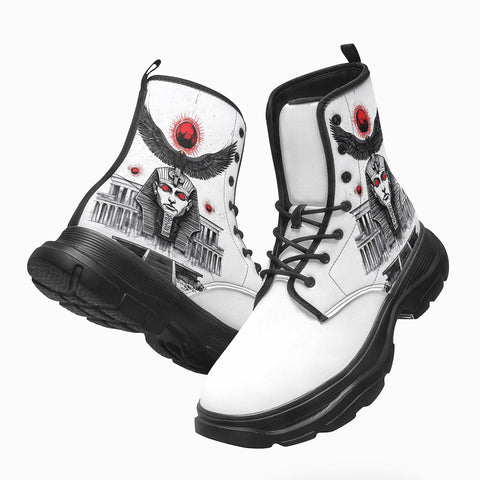 PU Leather Chunky Boots Egyptian God with Red Eyes