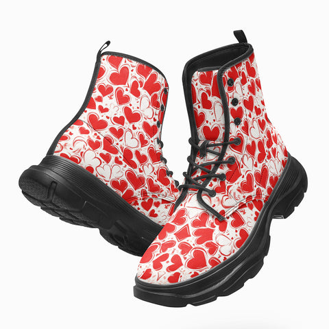 PU Leather Chunky Boots Love Hearts Pattern