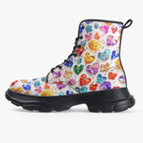 PU Leather Chunky Boots Colorful Glass Hearts and Flowers