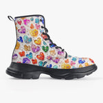 PU Leather Chunky Boots Colorful Glass Hearts and Flowers