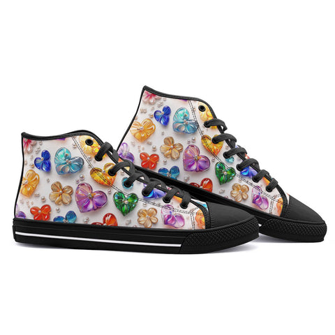 High-Top Canvas Shoes Colorful Glass Hearts and Flowers