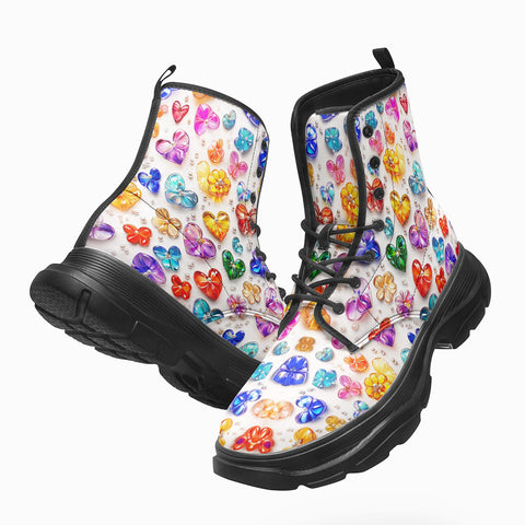 PU Leather Chunky Boots Colorful Glass Hearts and Flowers