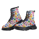 PU Leather Chunky Boots Colorful Glass Hearts and Flowers