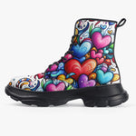 PU Leather Chunky Boots Colorful Hearts Swirls Doodles
