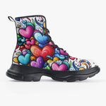 PU Leather Chunky Boots Colorful Hearts Swirls Doodles
