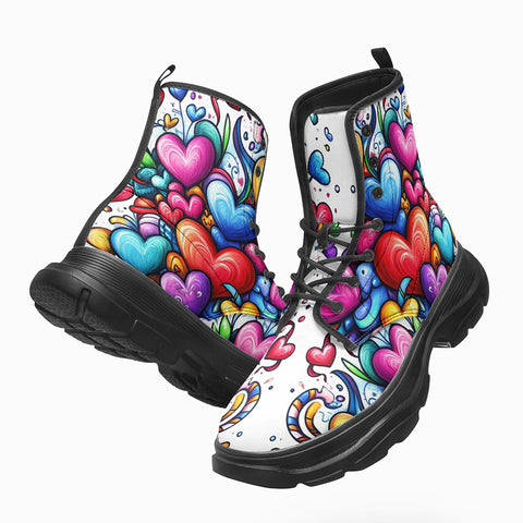 PU Leather Chunky Boots Colorful Hearts Swirls Doodles