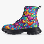 PU Leather Chunky Boots Hearts Swirls Waves in Vibrant Colors