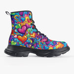 PU Leather Chunky Boots Hearts Swirls Waves in Vibrant Colors