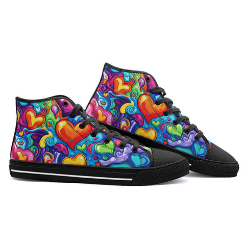 High-Top Canvas Shoes Hearts Swirls Waves in Vibrant Colors