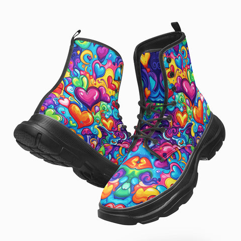 PU Leather Chunky Boots Hearts Swirls Waves in Vibrant Colors