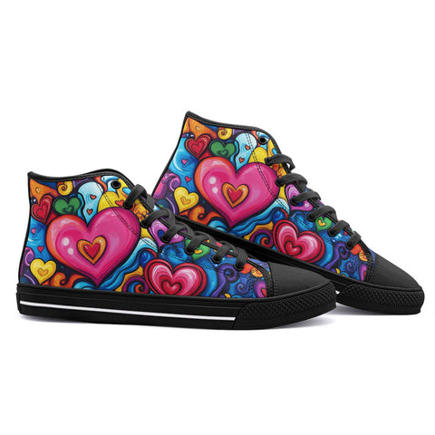 High-Top Canvas Shoes Vibrant Pattern of Colorful Hearts