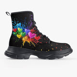 PU Leather Chunky Boots Colorful Splash of Paint with Hearts