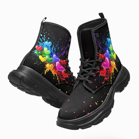 PU Leather Chunky Boots Colorful Splash of Paint with Hearts
