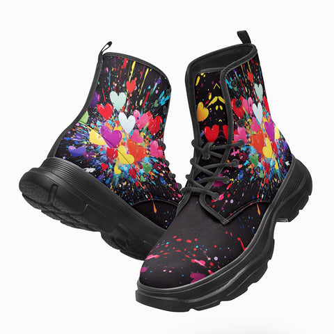 PU Leather Chunky Boots Burst of Colorful Hearts