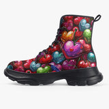 PU Leather Chunky Boots Colorful Heart-Shaped Cherries