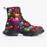 PU Leather Chunky Boots Colorful Heart-Shaped Cherries