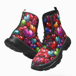 PU Leather Chunky Boots Colorful Heart-Shaped Cherries