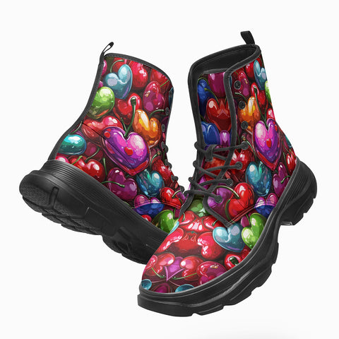 PU Leather Chunky Boots Colorful Heart-Shaped Cherries