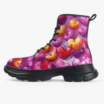 PU Leather Chunky Boots Cartoon Cherry Hearts